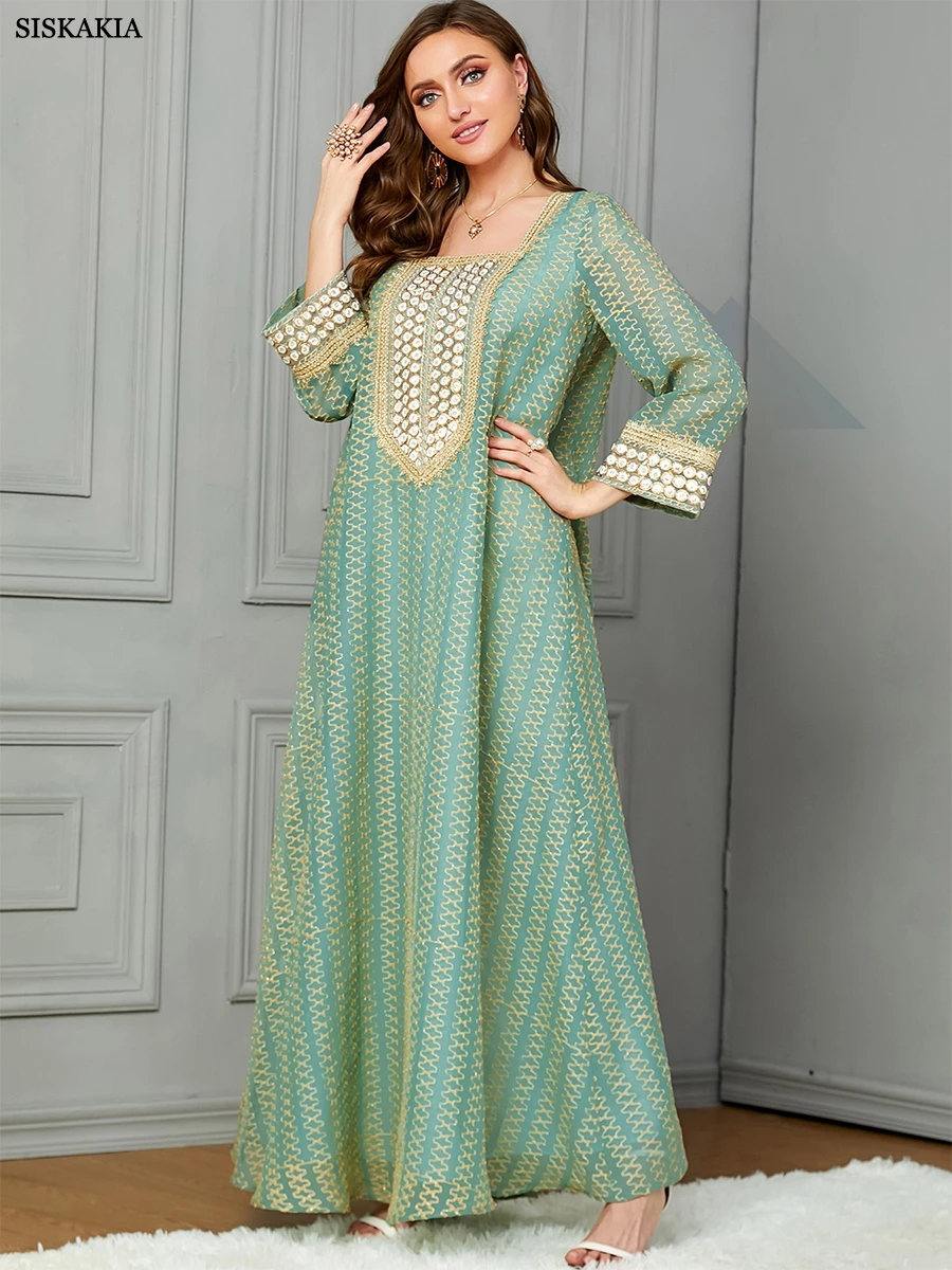 

Siskakia Caftan Marocain Jilbabs For Woman Abaya Arabic Islamic Full Sleeve Square Collar Muslim Long Dress Loose Turkish Robe