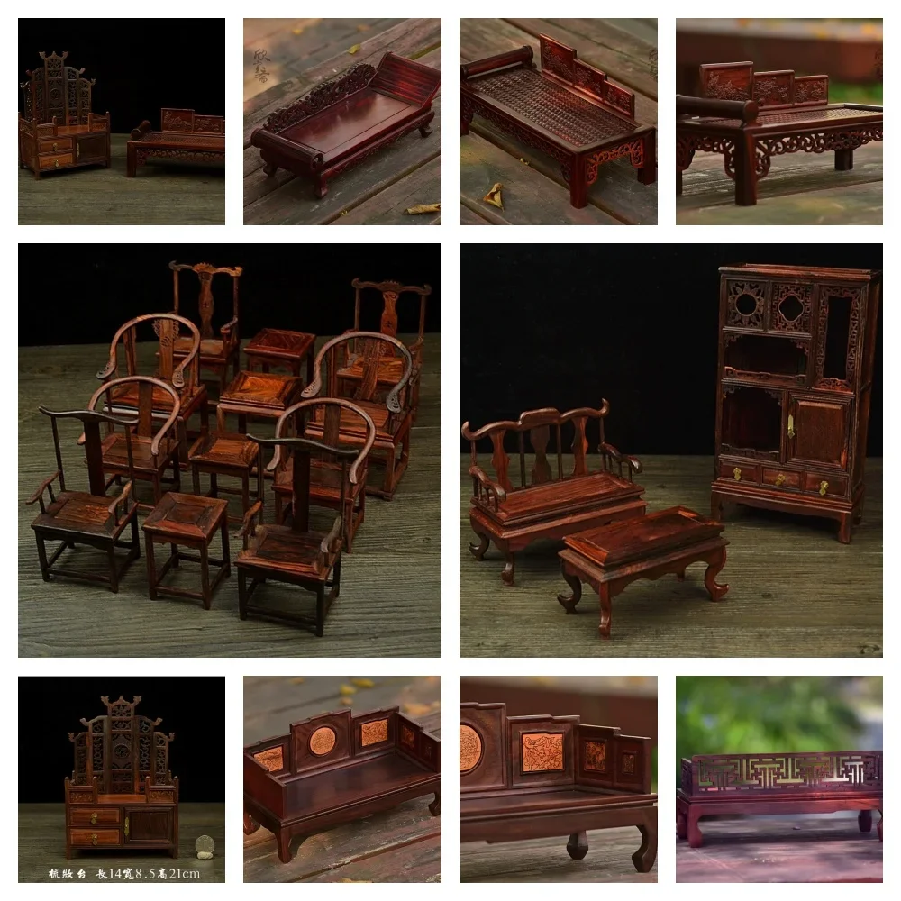 Miniature Furniture Chinese Retro Table Chair Mahogany Sofa Bed Model Doll House Dresser Wardrobe Screen Solid Wood Accessories