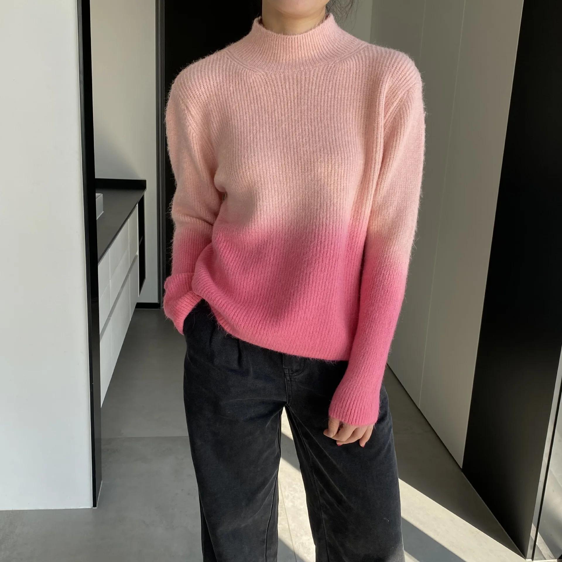 

Autumn and winter women's casual gradient color high necked long sleeved loose sweater
