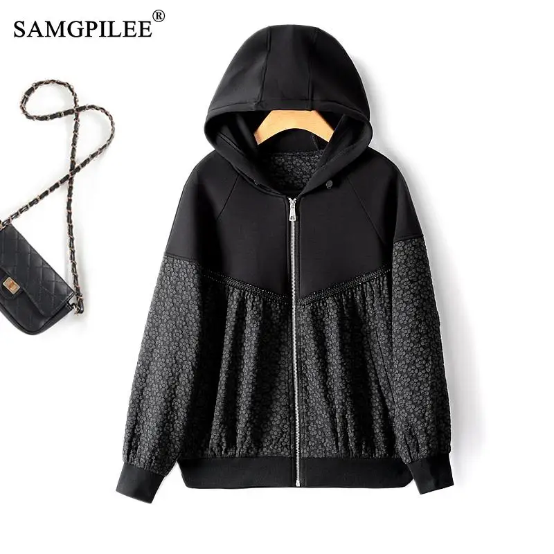 

Женский жаккардовый пиджак с капюшоном и бусинами, размеры до 4XL