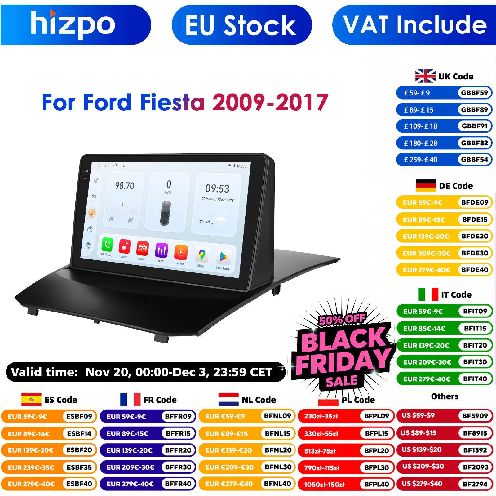 9inch QLED Screen 2din Android Car Radio Multimedia Video Player for Ford Fiesta GPS Navi Carplay Auto 4G LTE RDS AI