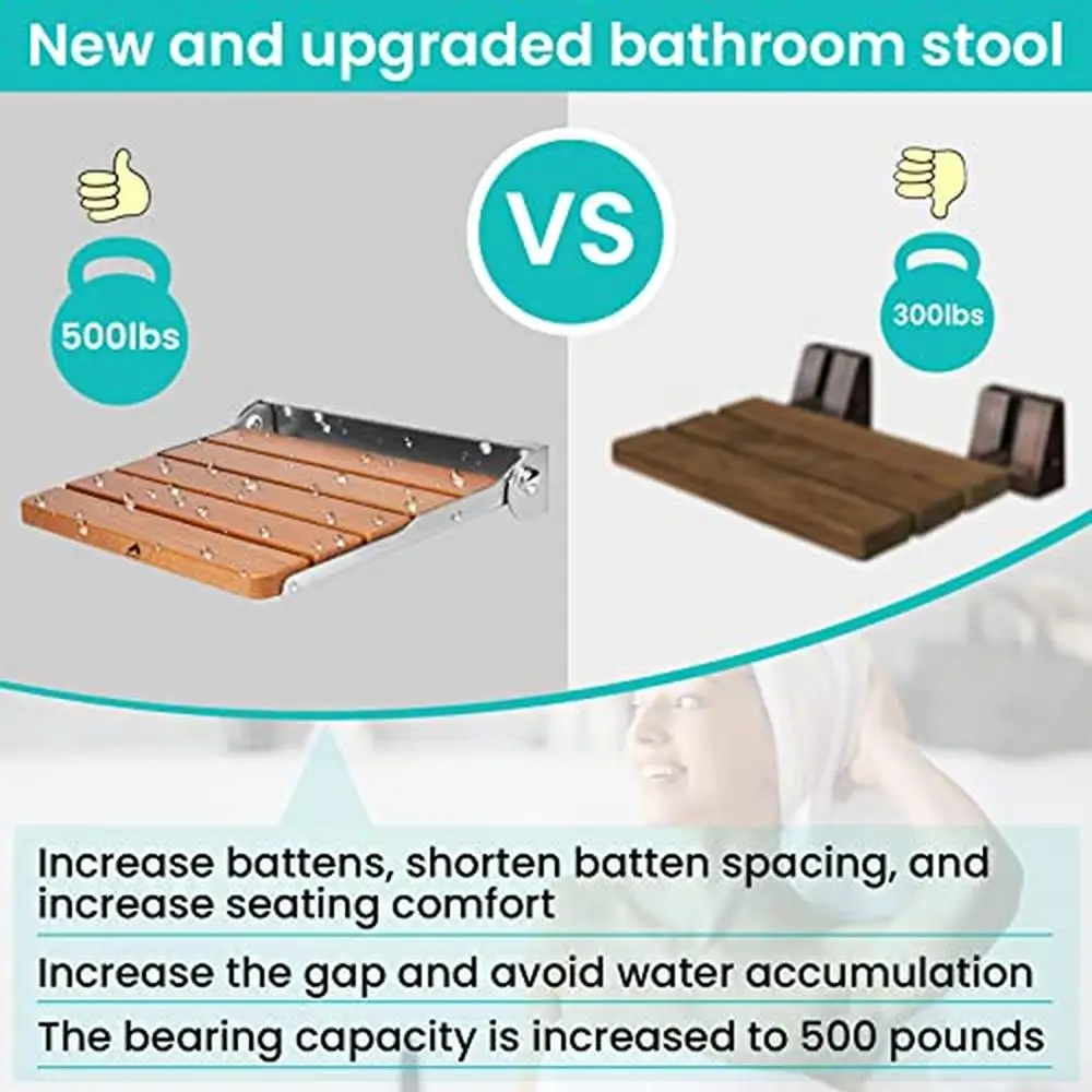 Wall Mounted Foldable Teak Shower Seat Bench Home Care Waterproof Non-Slip Space-Saving Easy Installation 440lbs Capacity 4