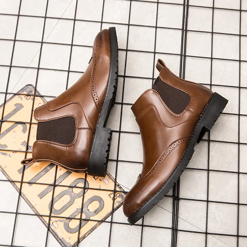 Chelsea Boots Men's New Casual Classic Block Round Head British Vintage Short Barrel Black Brown Sizes 38-46 Men  Shoes