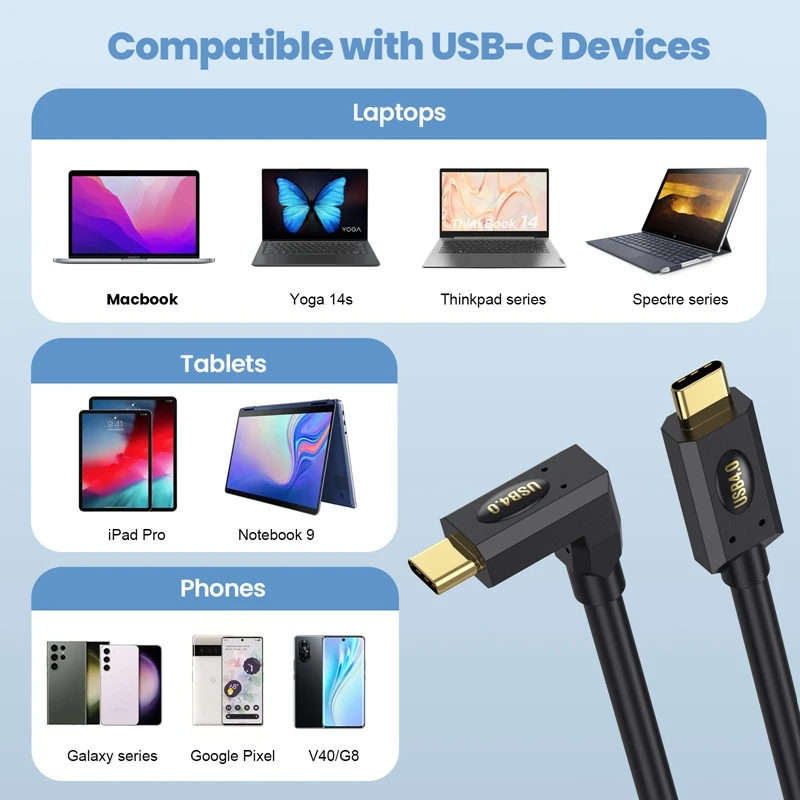 용수철 확장형 USB4 듀얼 헤드 C타입 데이터 케이블, 고속 동축 PD 케이블, 8K 60HZ 번개 노트북, 40Gbps, 240W, 48V, 5A