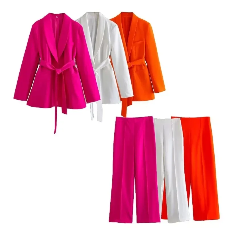 

SuperAen 2023 Summer New Solid Color Lace Suit Coat High Waist Straight Leg Pants Set for Women