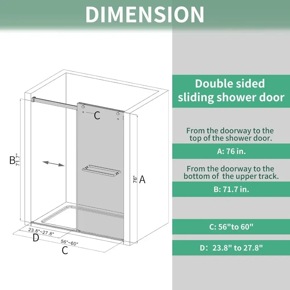 Double Sliding Shower Door 56-60 in.W x 76 in.H, 5/16" (8mm) Tempered Glass, Frameless Shower Door, Bathroom Glass Shower Door 3