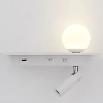 USB 포트 선반이 있는 LED 벽 램프, 범용 독서 침실 침대 옆 조명, 무선 충전 호텔 방 장식 기구, 360 °