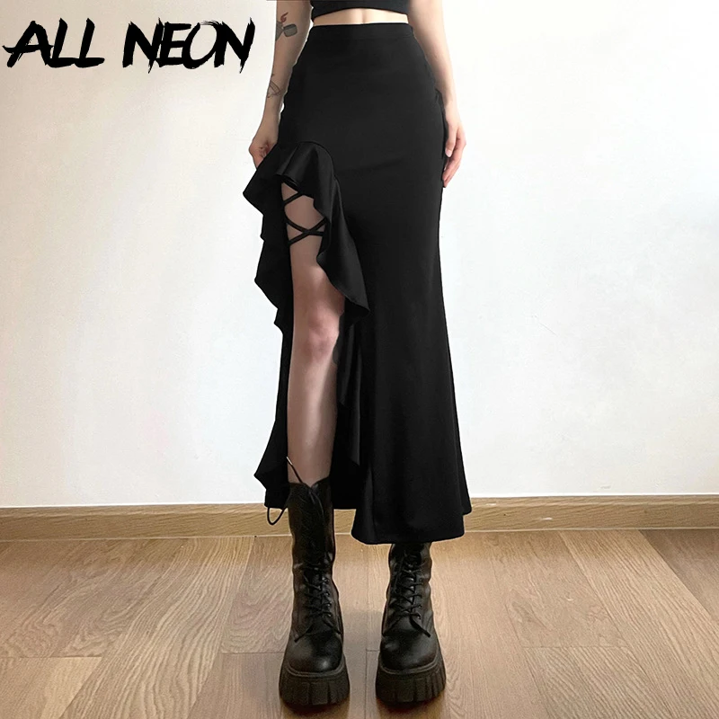 ALLNeon Gothic Black High Waist Bodycon Mid Skirt E-Girl Punk Ruffles Split A-Line Skirts Y2K Fashion Women Streetwear Bottoms women s fresh tulle bridal gloves for wedding short pearls white gloves for girl partypageant accessories ruffles перчатки белые