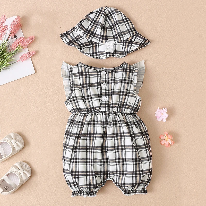 Summer Baby Rompers with Hat Plaid Sleeveless Short Jumpsuit for Newborn Infant Girls Clothing  Toddler Outfit 2