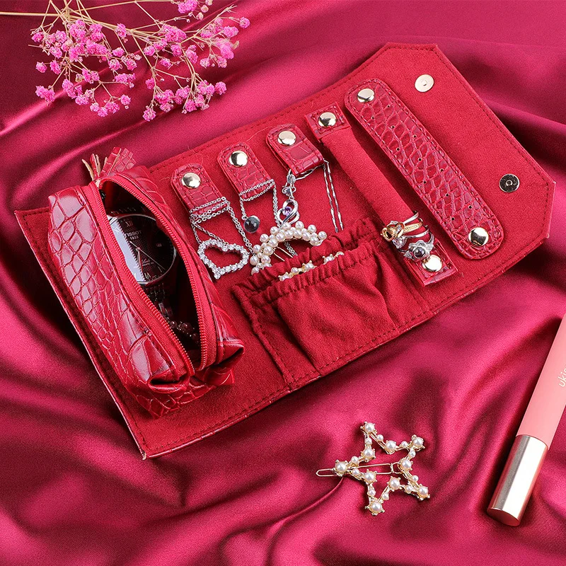 

Portable Jewelry Storage Bag Crocodile Pattern Fiber Velvet Ring Watch Necklace Storage Box Rollable Jewelry Packaging Display