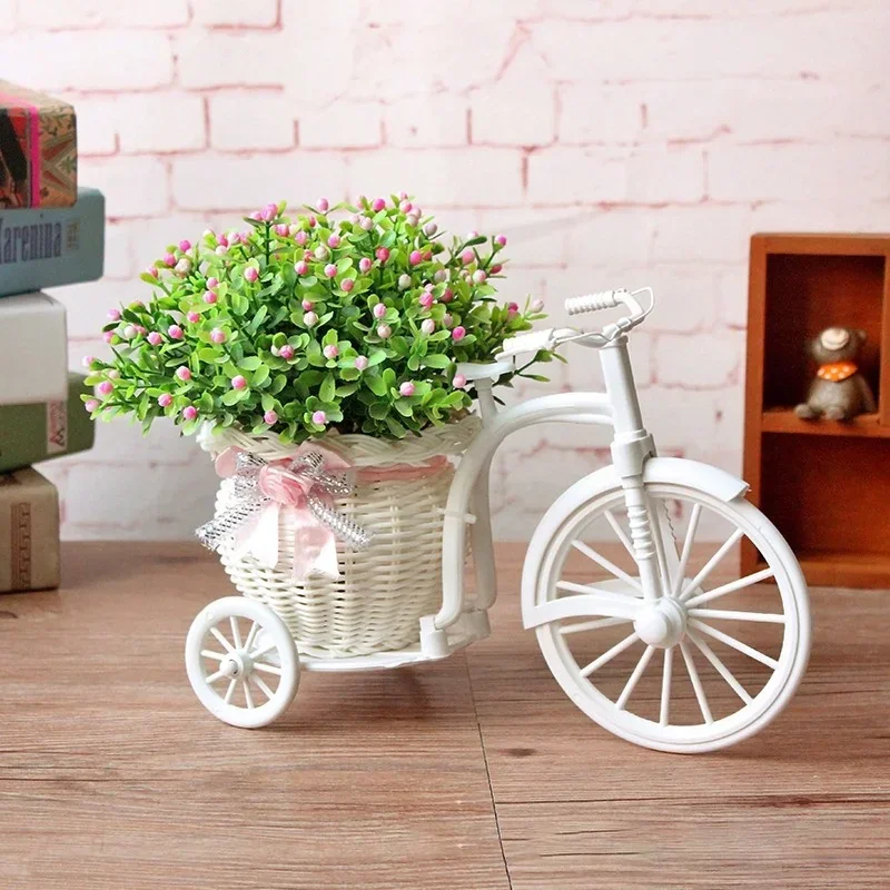 

Party Decoration Pot White Bicycle Decorative Flower Basket Wedding Decoration Plastic Tricycle Design Flower Pot Storage Basket