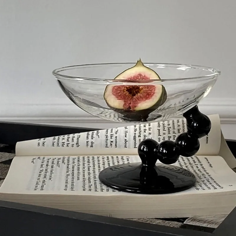 1 Piece 290ml 10oz European Style Large Glass Cake Plate Black Ball Stemmed Fruit Dessert Bowl Cocktail Glass Table Decor