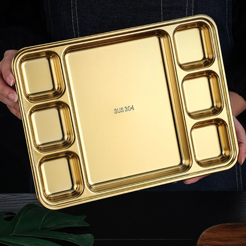 Gold Compartment Dining Plate For Food Serving Trays Stainless Steel Divided Dishes Kitchen Tableware Organization Container 2