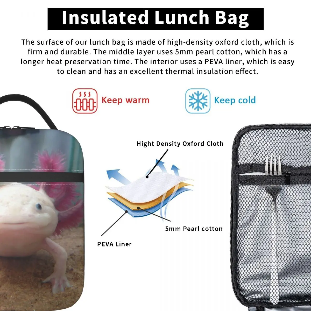Smiling Leucistic Axolotl Insulated Lunch Bag for School Office Salamander Animal Waterproof Cooler Thermal Lunch Box Women Kids