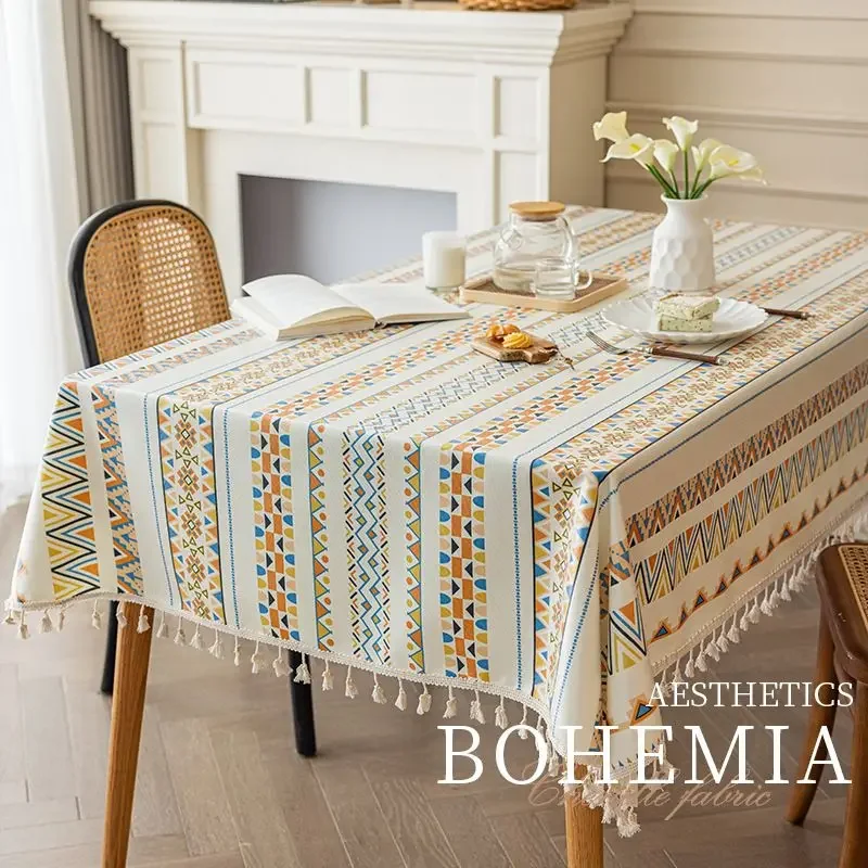 

Bohemian Table Cloth Cotton Linen Washable Ethnic Style Rectangular with Tassels Waterproof and Oil-proof