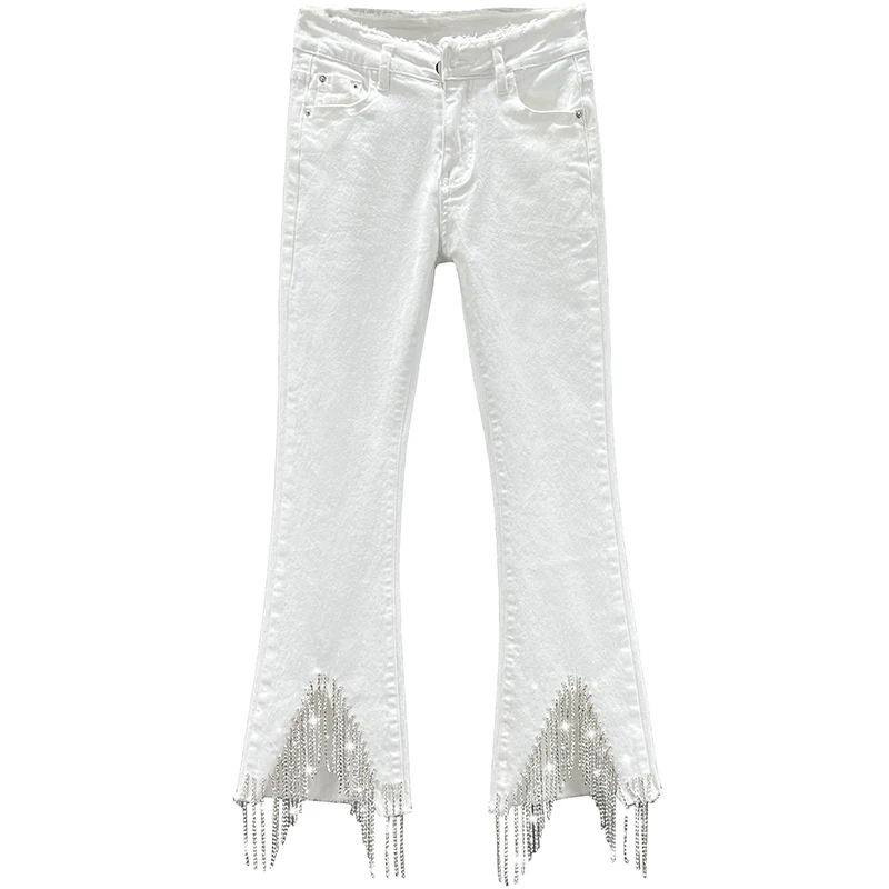 Cropped Jeans Women's Tassel Diamond-Embedded 2024 New Spring High Waist Slimming Denim Pants Y2k Clothes Denim Trousers Female