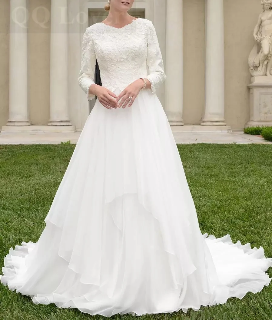 

A-line Lace Organza Modest Wedding Dress 2023 With Long Sleeves Appliques Bridal Gowns Plus Size Vestido De Noiva