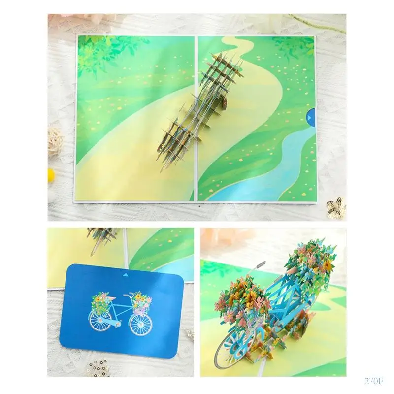 270F 3D Pop-Up Bike Flower Greeting Card with Envelop for Birthday Father's Day