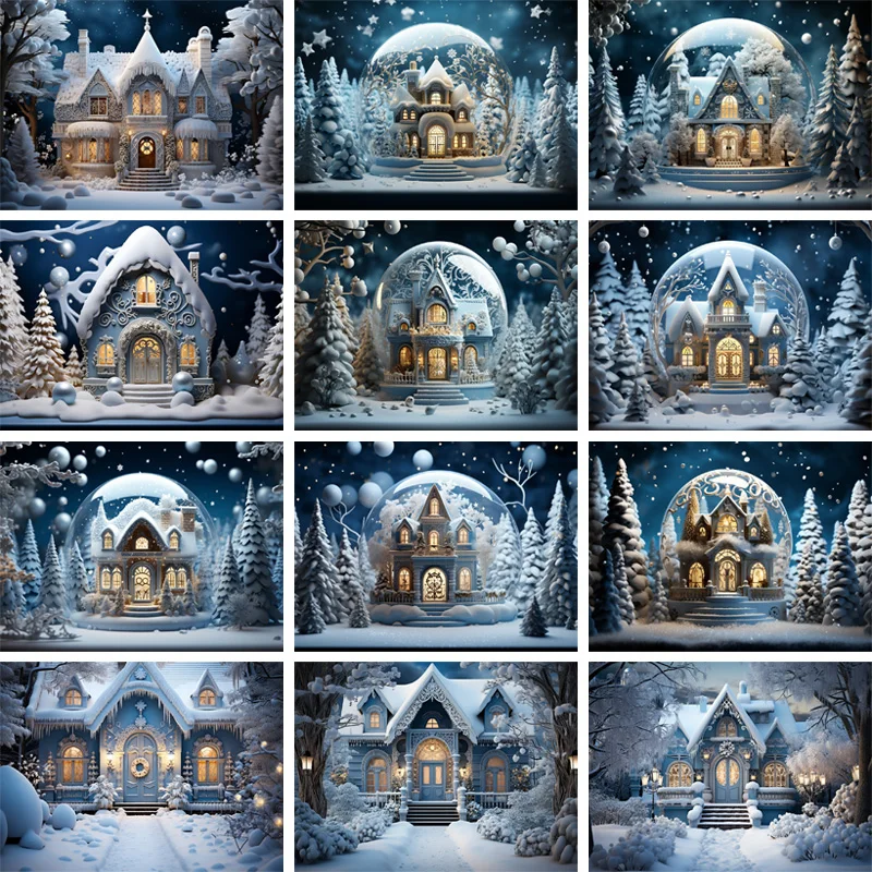 

Photography Background Snow Globe or Snow Ball With Snowy Mountain House Inside 3D Rendering Christmas Decoration Backdrops
