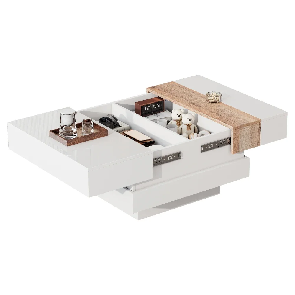 Moderner, hochglänzender, quadratischer Couchtisch, 70 x 70 x 39 cm, ausziehbares Design mit versteckter Stauraum, Farbblock-Wohnzimmer-Beistelltisch – Detail 38