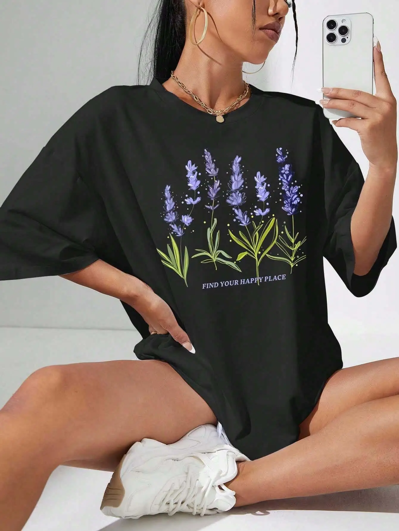 

Beautiful Of Lavender Printing Women T-Shirt Summer Casual T Shirts Street Hip Hop Short Sleeve Breathable Comfortable Shirt