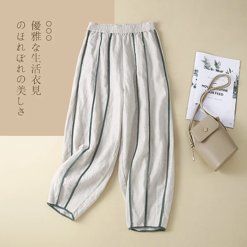 

Striped Bright Line Decoration Vintage Linen Wide-Leg Women's Pants Elastic High Waist Ankle-Length Pants For Women Spring 2023