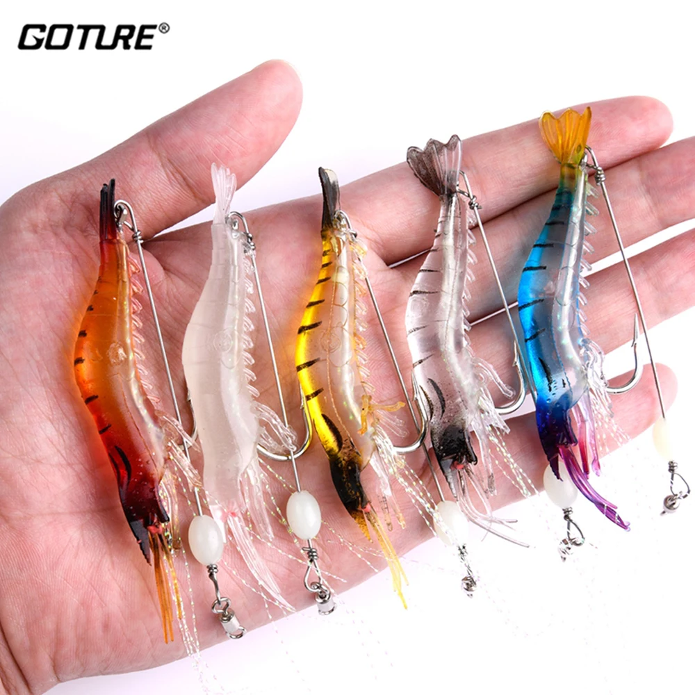 

Goture 5pcs/lot Rubber Shrimp Fishing Lure Luminous Soft Lure 5.6g/9cm Mixed Color Artificial Bait with Hook Saltwater Lure 2023