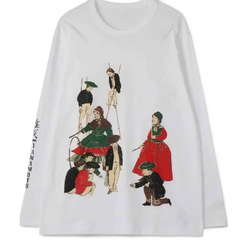 

Yohji Yamamoto Cotton Men's T-shirts Japanese Autumn Luming Pavilion Ladies Play Print Casual Loose Round Neck Long Sleeved Tops