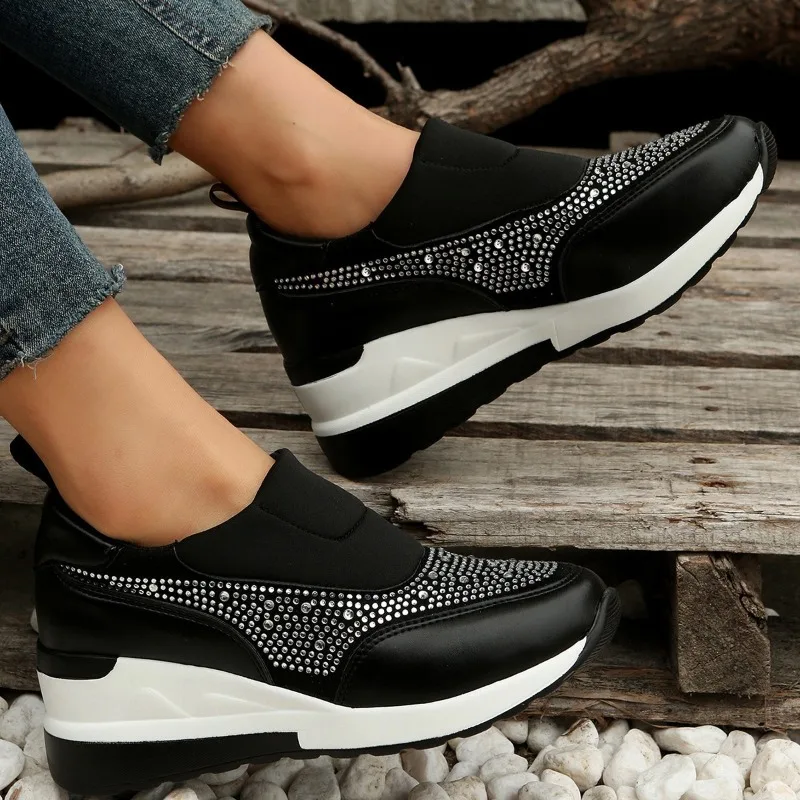 

2023Womens Shoes Thick Sole Sequin Solid Color Breathable Single Shoe Lightweight Sloping Heel Sneakers