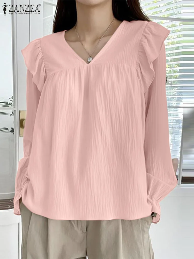 

Vintage Long Lantern Sleeve Blouse ZANZEA Women Shirt Fashion V Neck Ruffled Tops Casual Loose Tunic 2023 Autumn Pleated Blusas