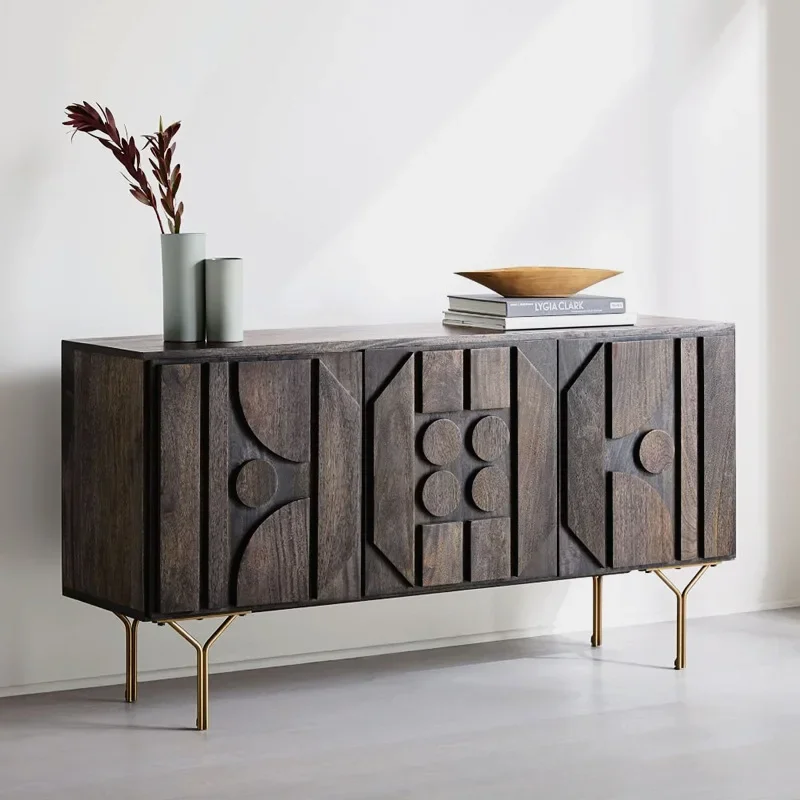 

Nordic Belgian style carved solid wood retro living room TV cabinet light luxury log geometric pattern sideboard