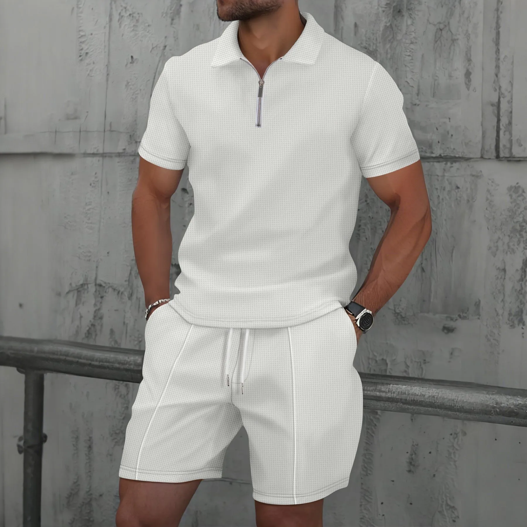 2025 Men Europe and the United States new summer Waffle solid color zip-up lapel short-sleeve suit shorts two sets 4