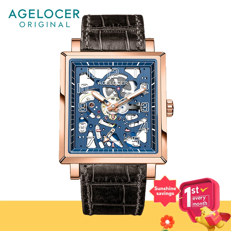 AGELOCER Men's Square Double Sided Hollow Black Skeleton Automatic Mechanical Stainless Steel Luminous Analog Dress Watch