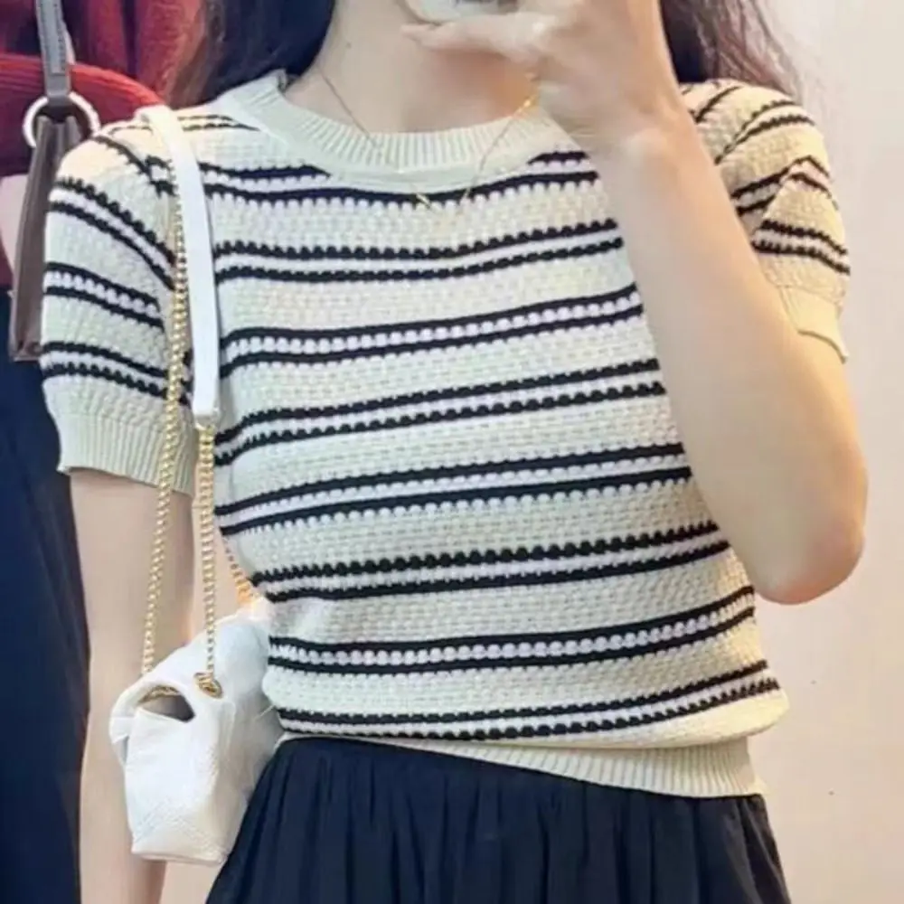 Fashion Ins Short Sleeve Crop Top Sweet Female Clothing Stripe Knitted T-shirt Slim Fit Bottoming Shirt Knitwear Women Female