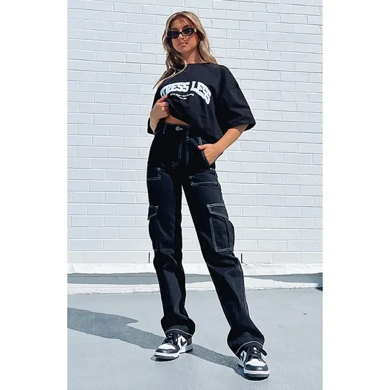 

Streetwear High Waist Solid Color Casual Trousers Wepbel Women Cargo Pants Bottom Stitching Straight Multi-Pocket Cargo Pants