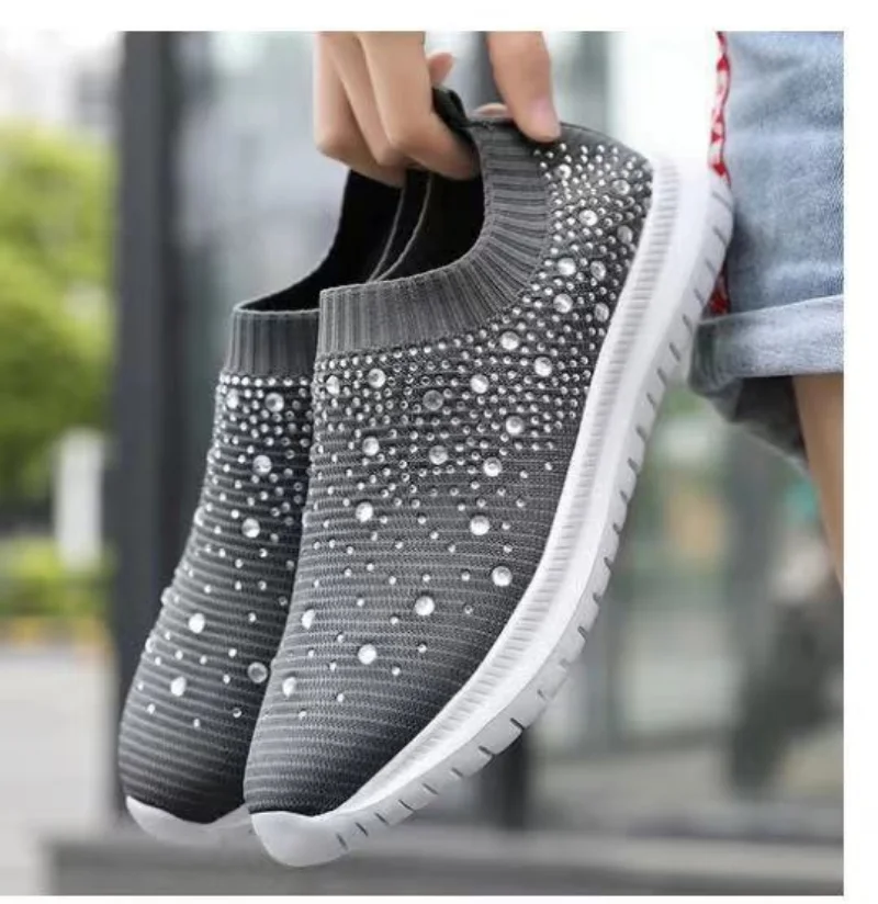 Large Size Rhinestone Elastic Sock Shoes, Casual Men's and Women's Sports Shoes, MD Sole Fly Woven Breathable Lightweight Shoes