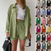 Summer Cotton Linen High Waist Shirt Shorts Women Turn Down Collar Long Sleeve Tops and Shorts Suit Cotton Casual Two Piece Sets - Image 2