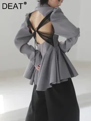 DEAT Fashion Women's Blazer New Notched Loose Single Breasted Long Sleeve Gray Backless Mesh Suit Jackets Autumn 2024 17A2720