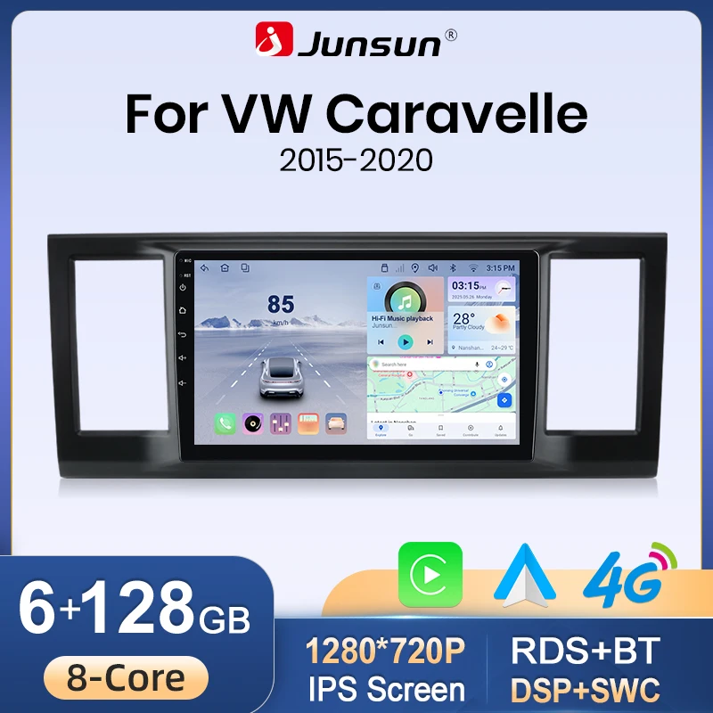 Junsun Kabelloses CarPlay Android Auto Autoradio für VW Volkswagen Transporter T6 Caravelle Multivan T6.1 2015-2020 Android 15 GPS Multimedia-Player WiFi 4G BT DSP RDS IPS Touchscreen Stereo Autoradio Head Unit OEM-Sti