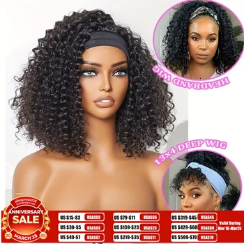 Headband Wig Human Hair Wigs Wear and Go Glueless Wig Curly Deep Wave Headband Wig Natural Color 1