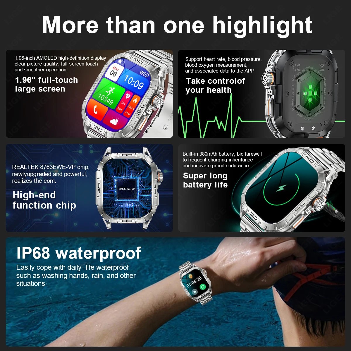 LIGE Ʈ ð AMOLED ÷ 100+   ħ   ȭ ɹڼ   Smartwatch