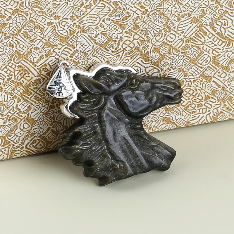 925 Silver Accessories Natural Stone Gold Obsidian Carved Horse Head Necklace Pendant Bead 47x40x9mm 24g