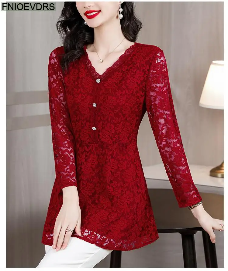 M-4XL 2023 Women Hot Sales Elegant Office Lady Work Button Black Lace Shirt Casual Belly A Line Tunic Peplum Tops And Blouses