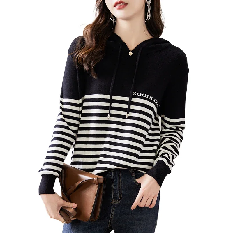 Casual Fashion Girls Hooded Hoodies Knit Stripe Printing Spring Fall Design Women Hoodie