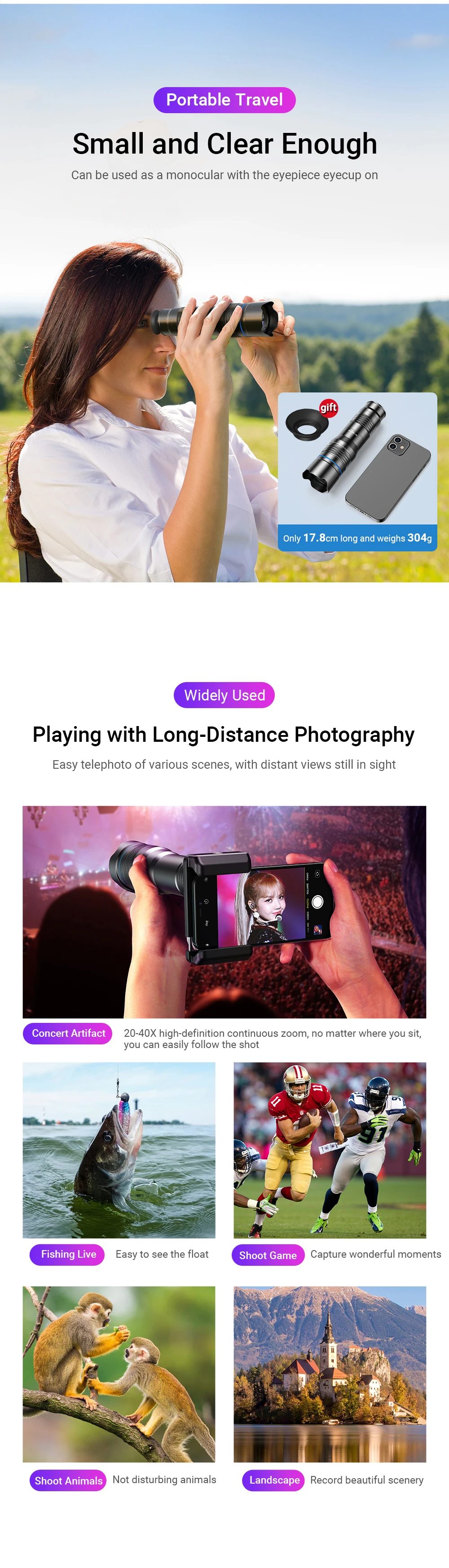 HD Metal 20-40x Zoom Telescope Telephoto Lens Phone Camera Lens With Extendable
