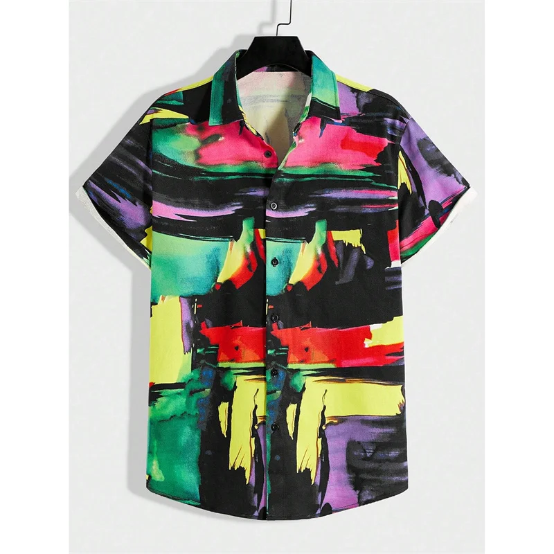 thumbnail image 1 of Camisa hawaiana con patrón irregular para hombre, empalme colorido, estampado 3D, mangas cortas, informal, para vacaciones, con solapa, camisas hawaianas, 1 of 5