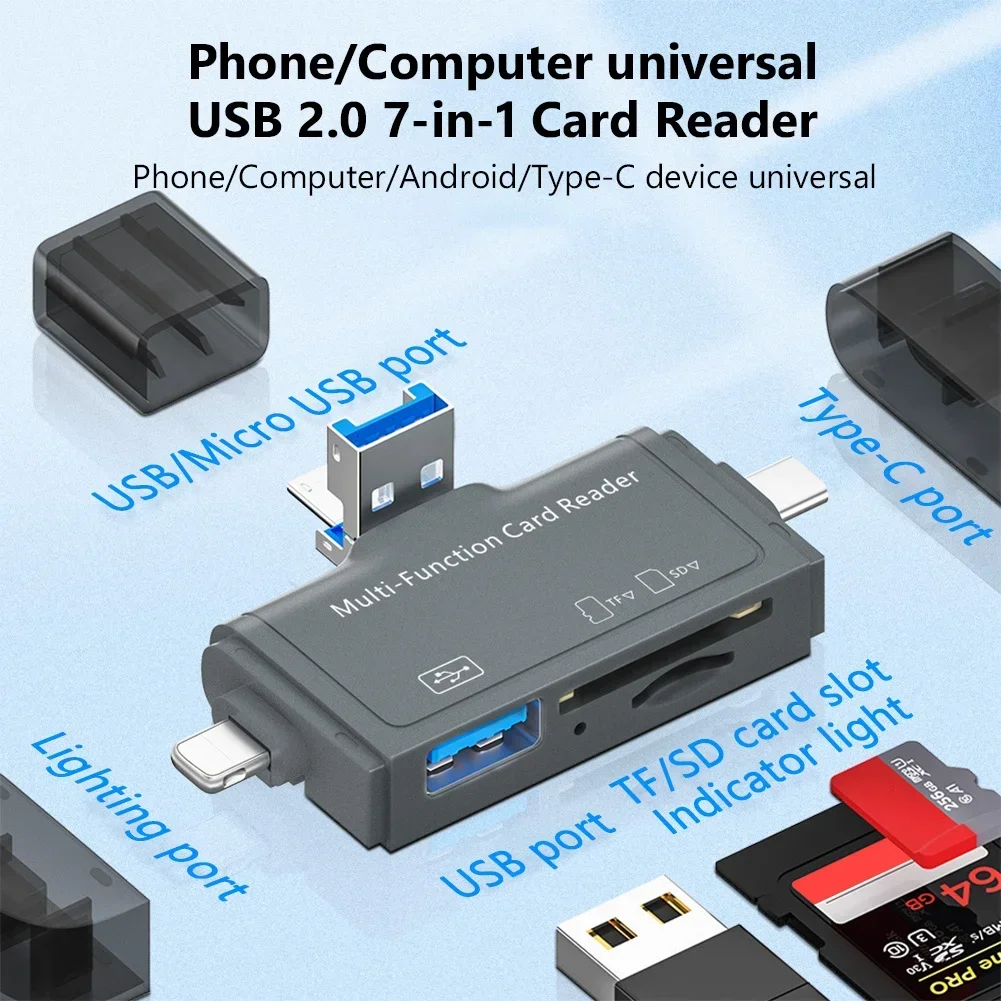 2023 7 In 1 USB 2.0 SD Card Reader,USB C Card Reader TF/Mirco SD Smart Memory Type C Lighting OTG Flash Drive Cardreader Adapter