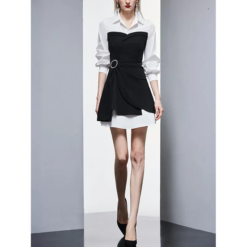 

2024 New Casual Slim Fit Temperament Shirt Skirt Fake Two Pieces with Waist Closure for High Design Sense, Contrast Color Black