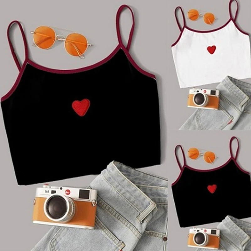 

Summer Female Crop Top Sexy Heart Shaped Embroidery Spaghetti Strap Backless Ladies Camisole EMOTIONAL Letter Elastic Tank Tops