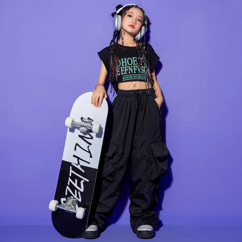 

Girls Jazz Hip Hop Dance Costume Black Top Pant for Kids Clothes Kpop Outfits Stage Show Wear